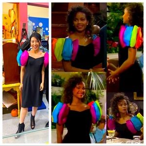 SOLD!! Saved by the Bell 90’s Colorblock Puff Sleeve Black Dress
